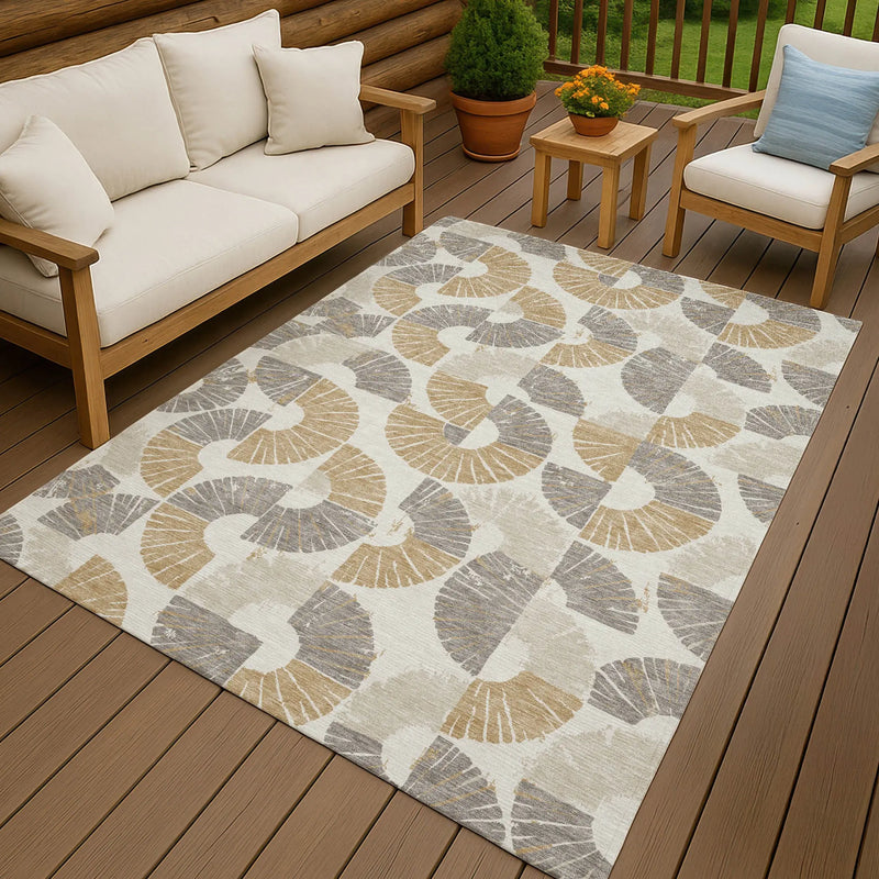 10' X 14' Ivory And Gold Geometric Washable Indoor Outdoor Area Rug Homeroots Outdoor