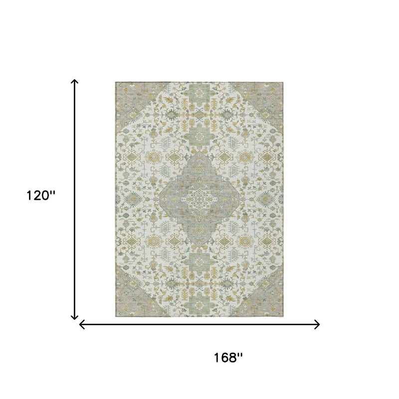 10' X 14' Ivory And Green Medallion Washable Indoor Outdoor Area Rug Homeroots Outdoor