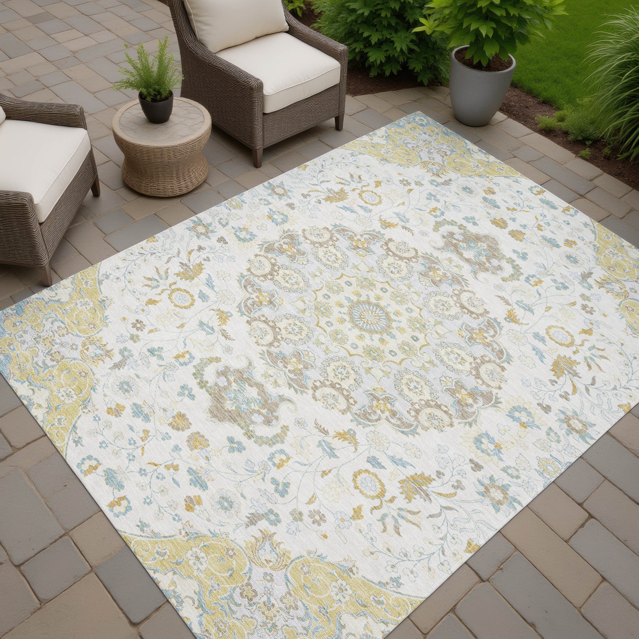 10' X 14' Ivory And Linen Damask Washable Indoor Outdoor Area Rug Homeroots Outdoor