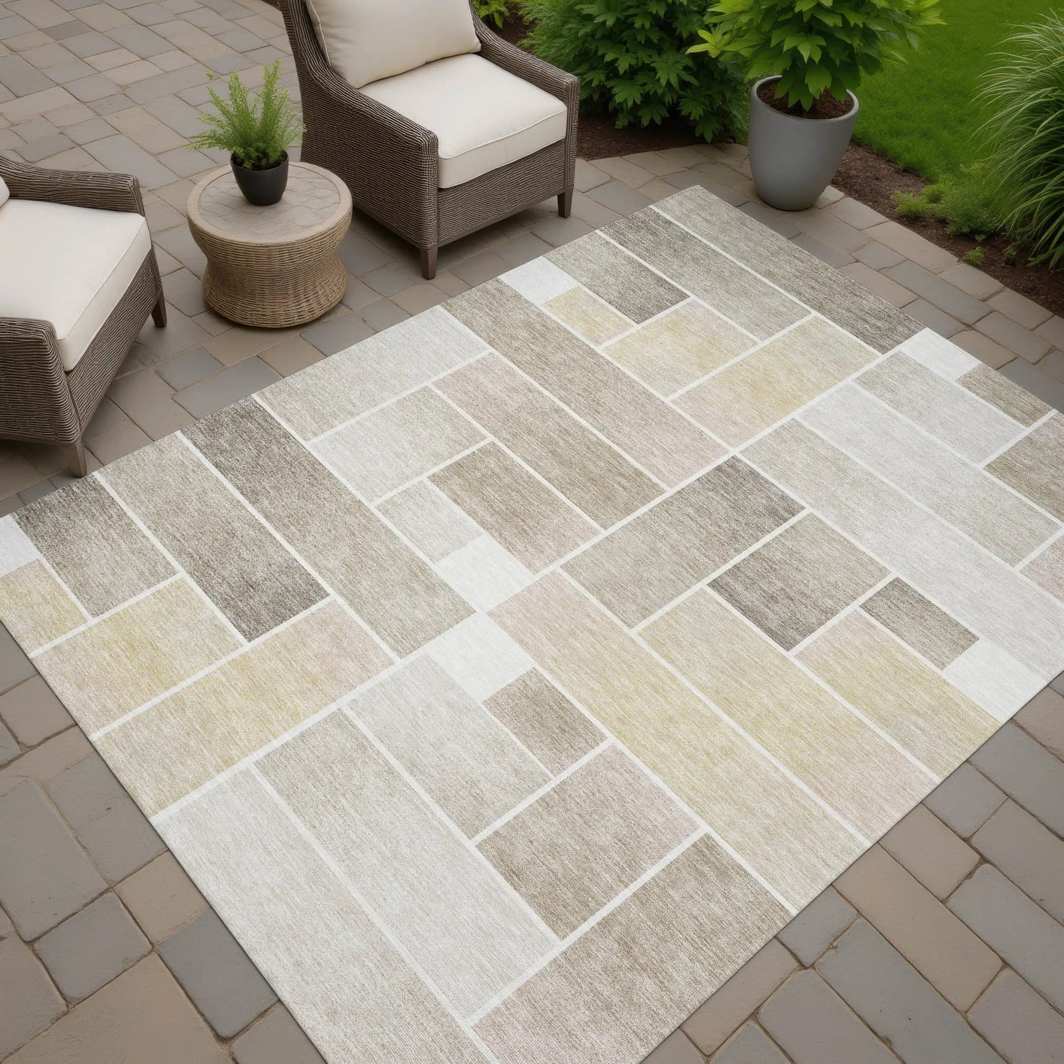 10' X 14' Ivory And Linen Geometric Washable Indoor Outdoor Area Rug Homeroots Outdoor