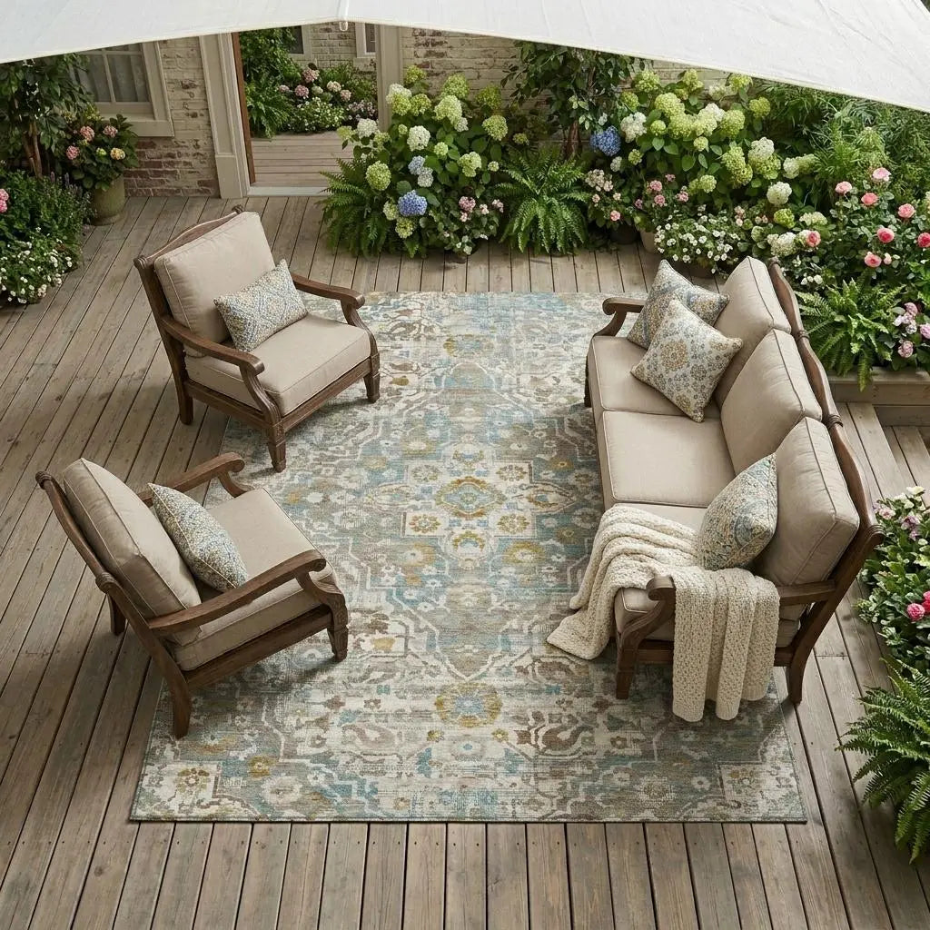 10' X 14' Ivory And Pewter Floral Medallion Washable Indoor Outdoor Area Rug Homeroots Outdoor