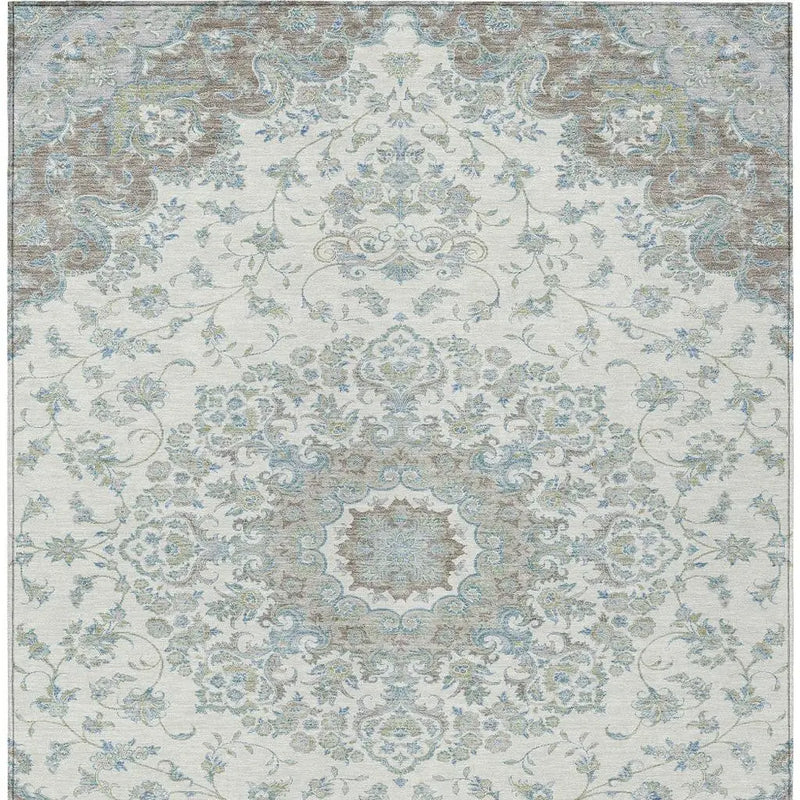 10' X 14' Ivory And Silver Floral Medallion Washable Indoor Outdoor Area Rug Homeroots Outdoor