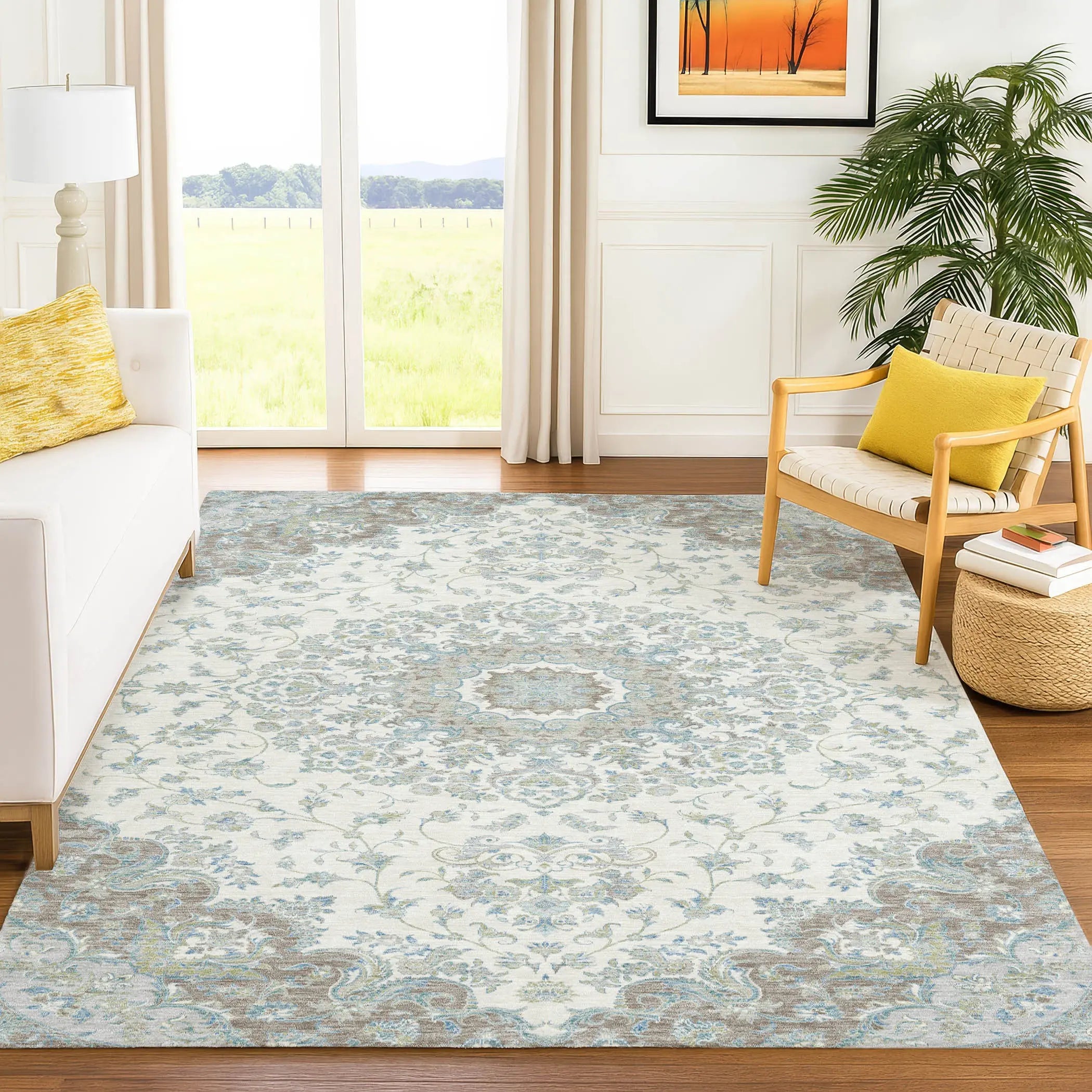 10' X 14' Ivory And Silver Floral Medallion Washable Indoor Outdoor Area Rug Homeroots Outdoor