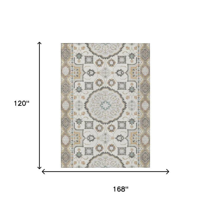 10' X 14' Ivory And Silver Floral Medallion Washable Indoor Outdoor Area Rug Homeroots Outdoor