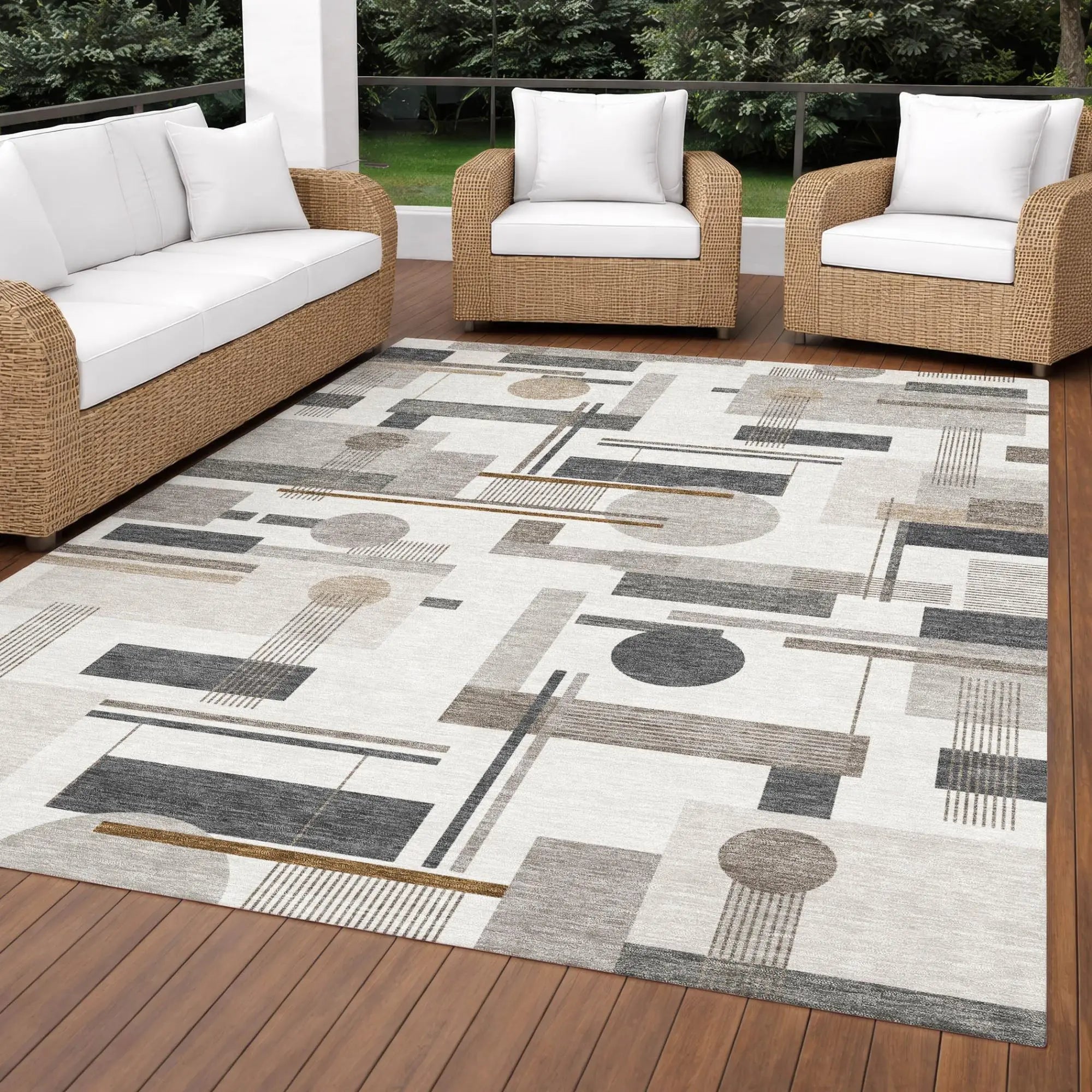 10' X 14' Ivory And Silver Geometric Washable Indoor Outdoor Area Rug Homeroots Outdoor