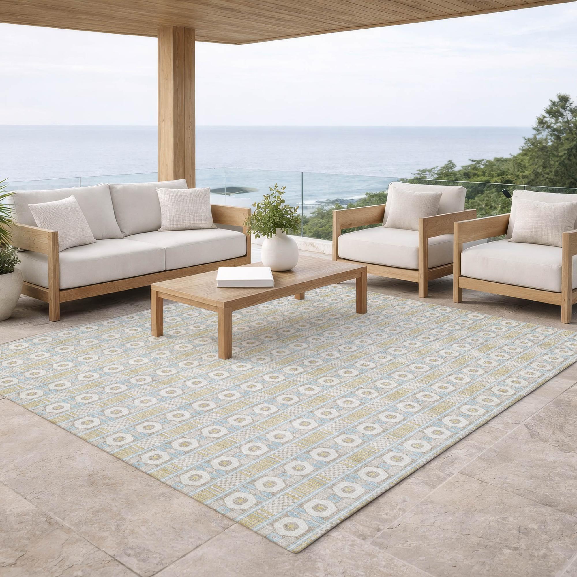 10' X 14' Ivory And Silver Striped Washable Indoor Outdoor Area Rug Homeroots Outdoor