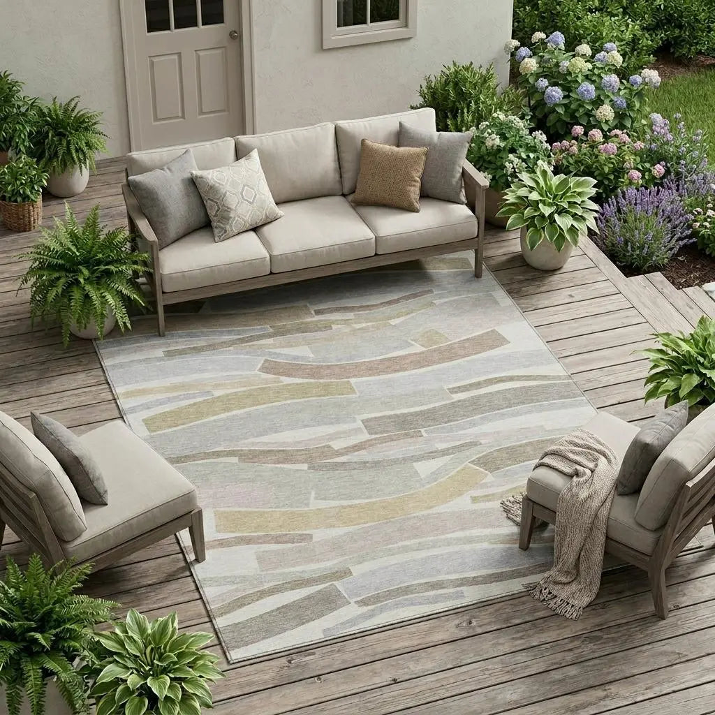10' X 14' Ivory And Silver Striped Washable Indoor Outdoor Area Rug Homeroots Outdoor