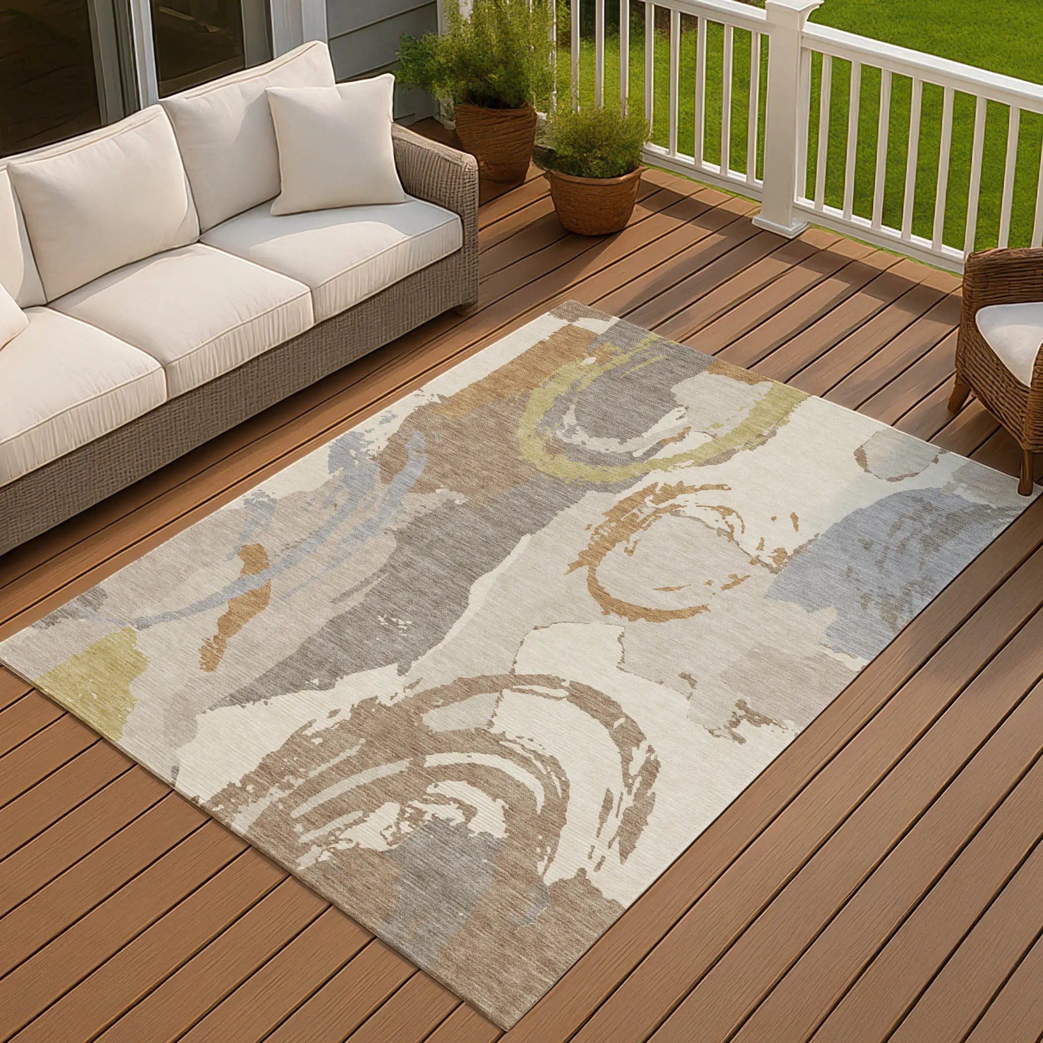 10' X 14' Ivory And Taupe Abstract Washable Indoor Outdoor Area Rug Homeroots Outdoor