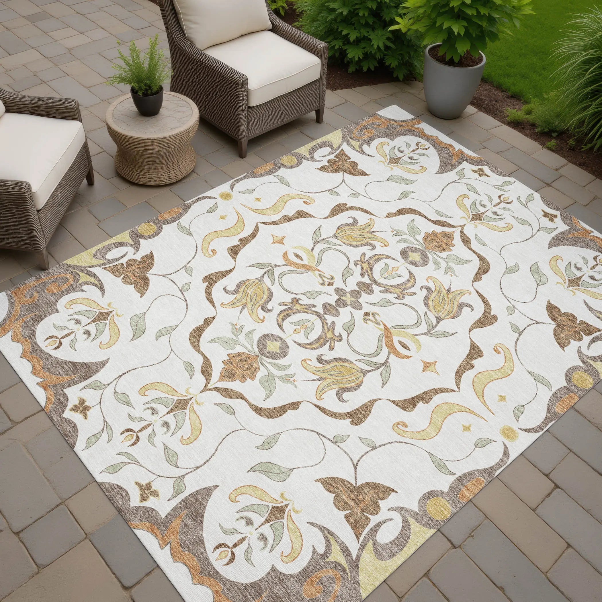 10' X 14' Ivory And Taupe Damask Washable Indoor Outdoor Area Rug Homeroots Outdoor