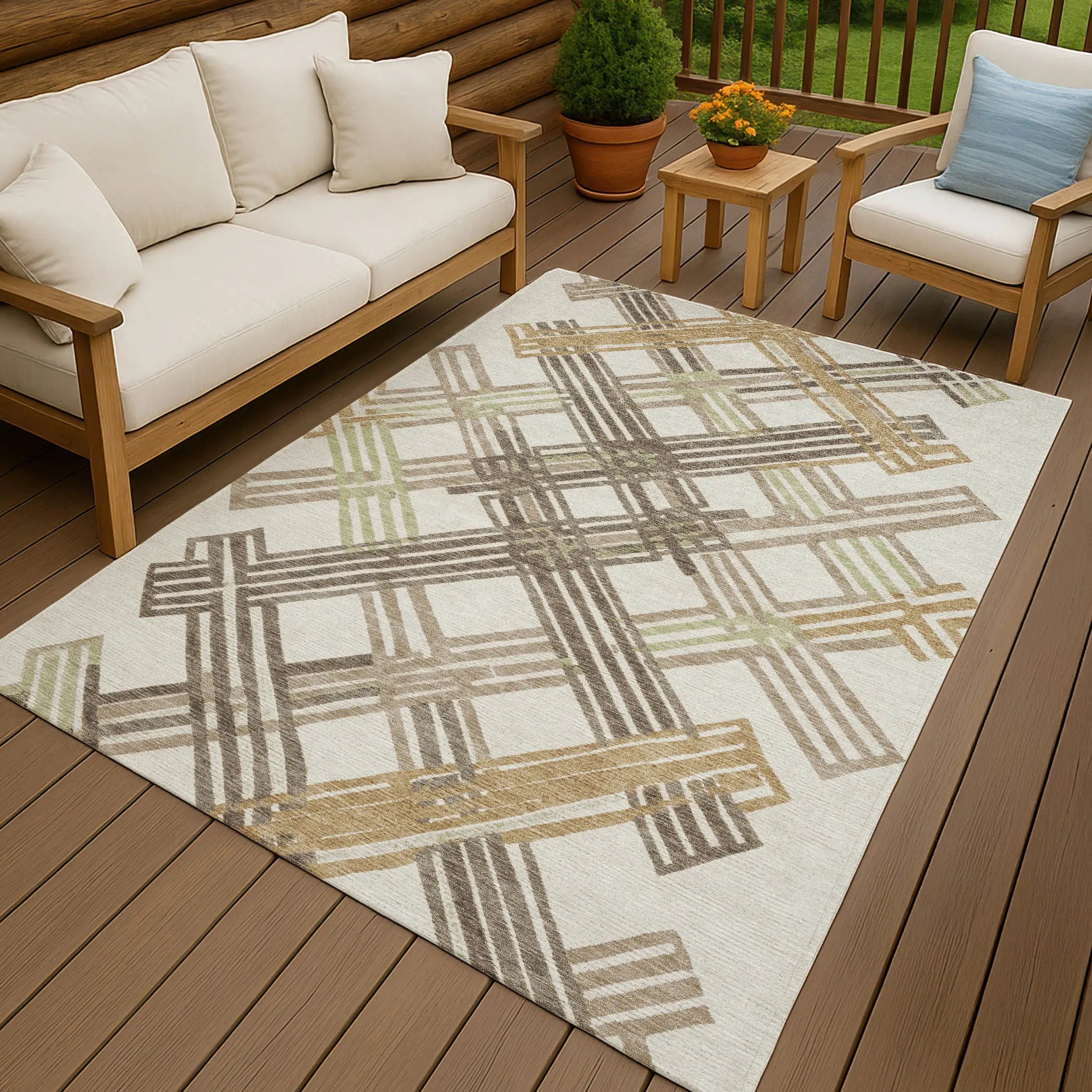 10' X 14' Ivory And Taupe Geometric Washable Indoor Outdoor Area Rug Homeroots Outdoor