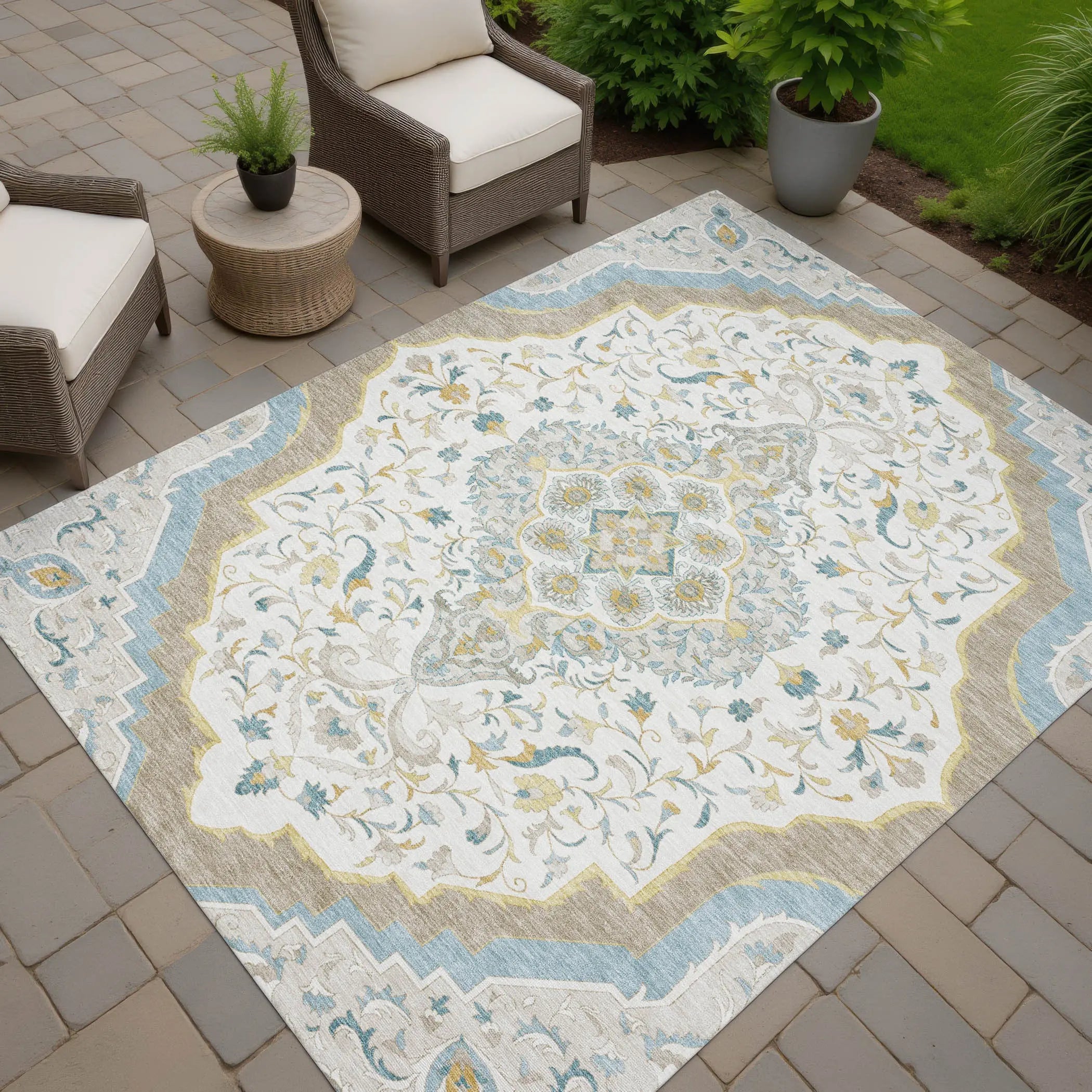 10' X 14' Ivory And Taupe Medallion Washable Indoor Outdoor Area Rug Homeroots Outdoor