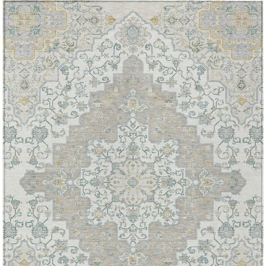 10' X 14' Ivory And Taupe Medallion Washable Indoor Outdoor Area Rug Homeroots Outdoor