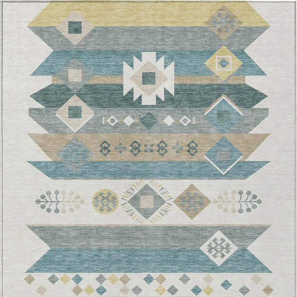 10' X 14' Ivory And Teal Blue Geometric Washable Indoor Outdoor Area Rug Homeroots Outdoor
