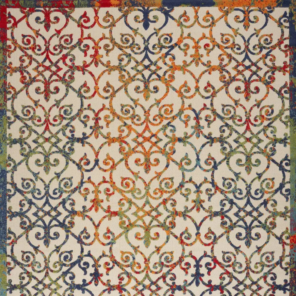 10' X 14' Ivory Blue Orange Green And Red Medallion Indoor Outdoor Area Rug Homeroots Outdoor