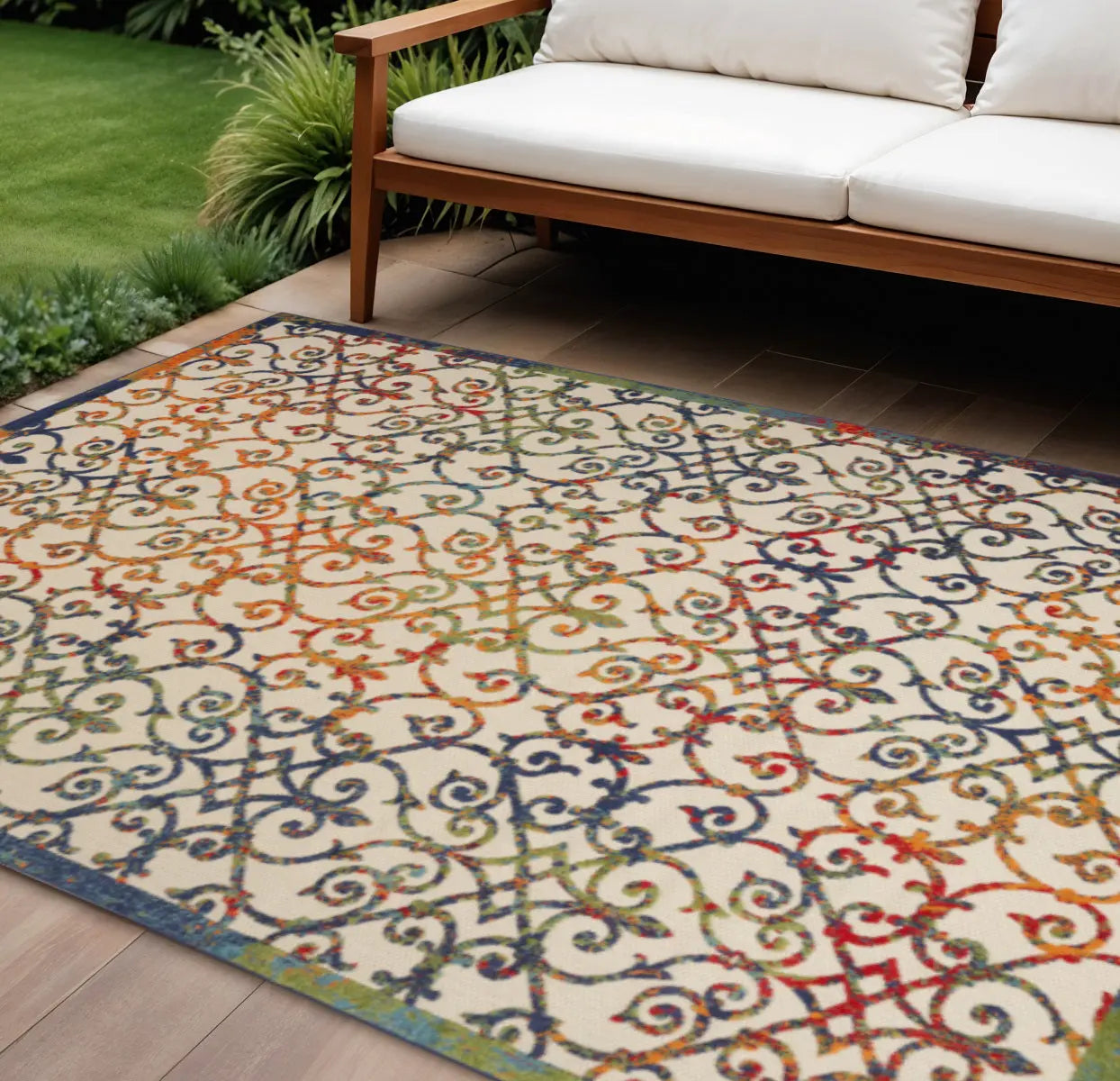 10' X 14' Ivory Blue Orange Green And Red Medallion Indoor Outdoor Area Rug Homeroots Outdoor