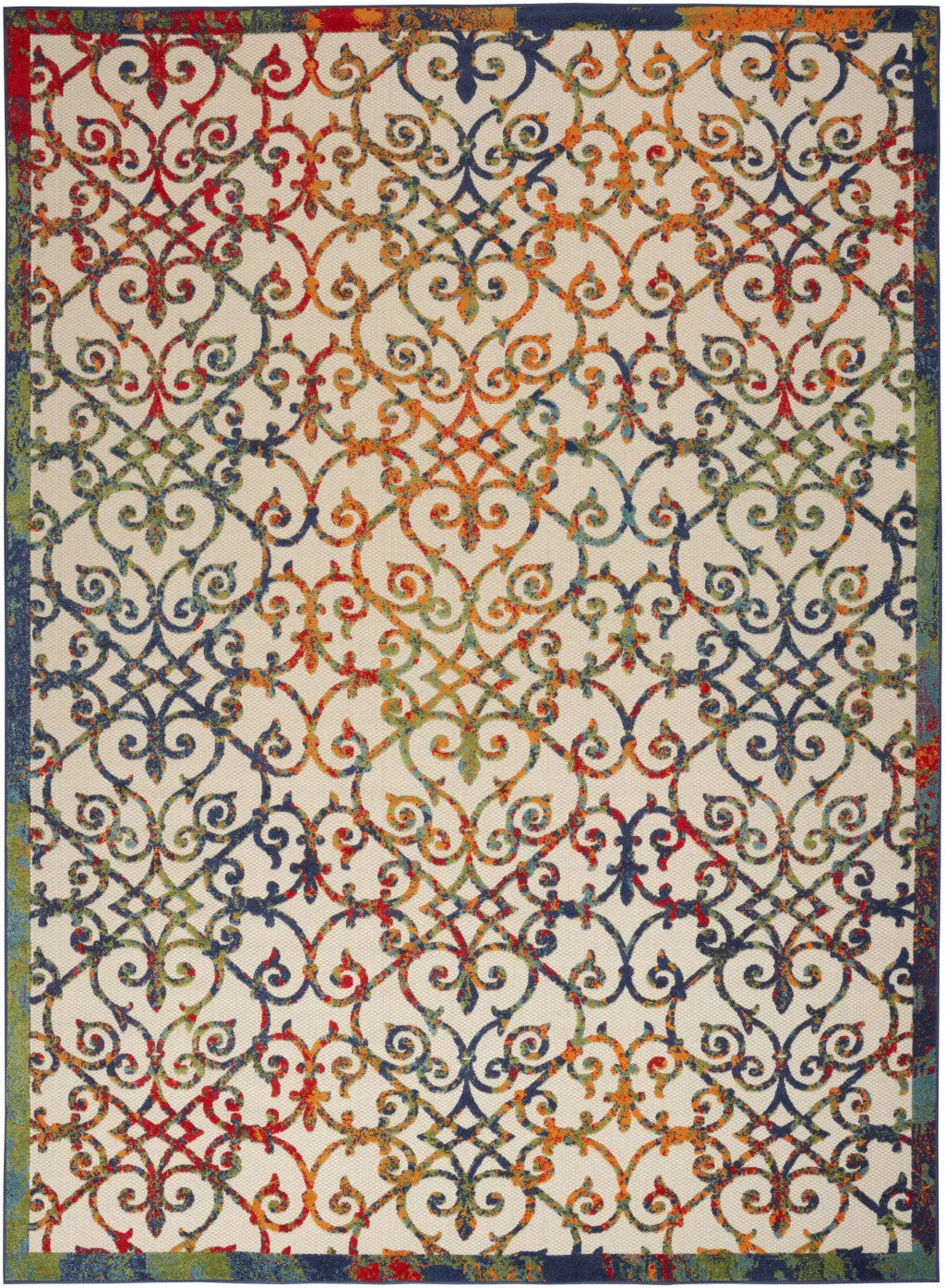 10' X 14' Ivory Blue Orange Green And Red Medallion Indoor Outdoor Area Rug Homeroots Outdoor