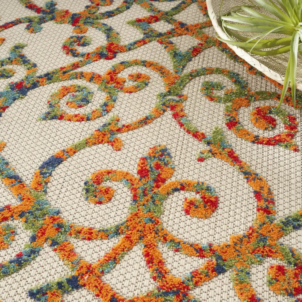10' X 14' Ivory Blue Orange Green And Red Medallion Indoor Outdoor Area Rug Homeroots Outdoor