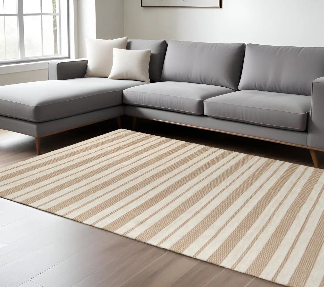 10' X 14' Ivory Taupe And Brown Striped Dhurrie Hand Woven Stain Resistant Area Rug Homeroots Outdoor