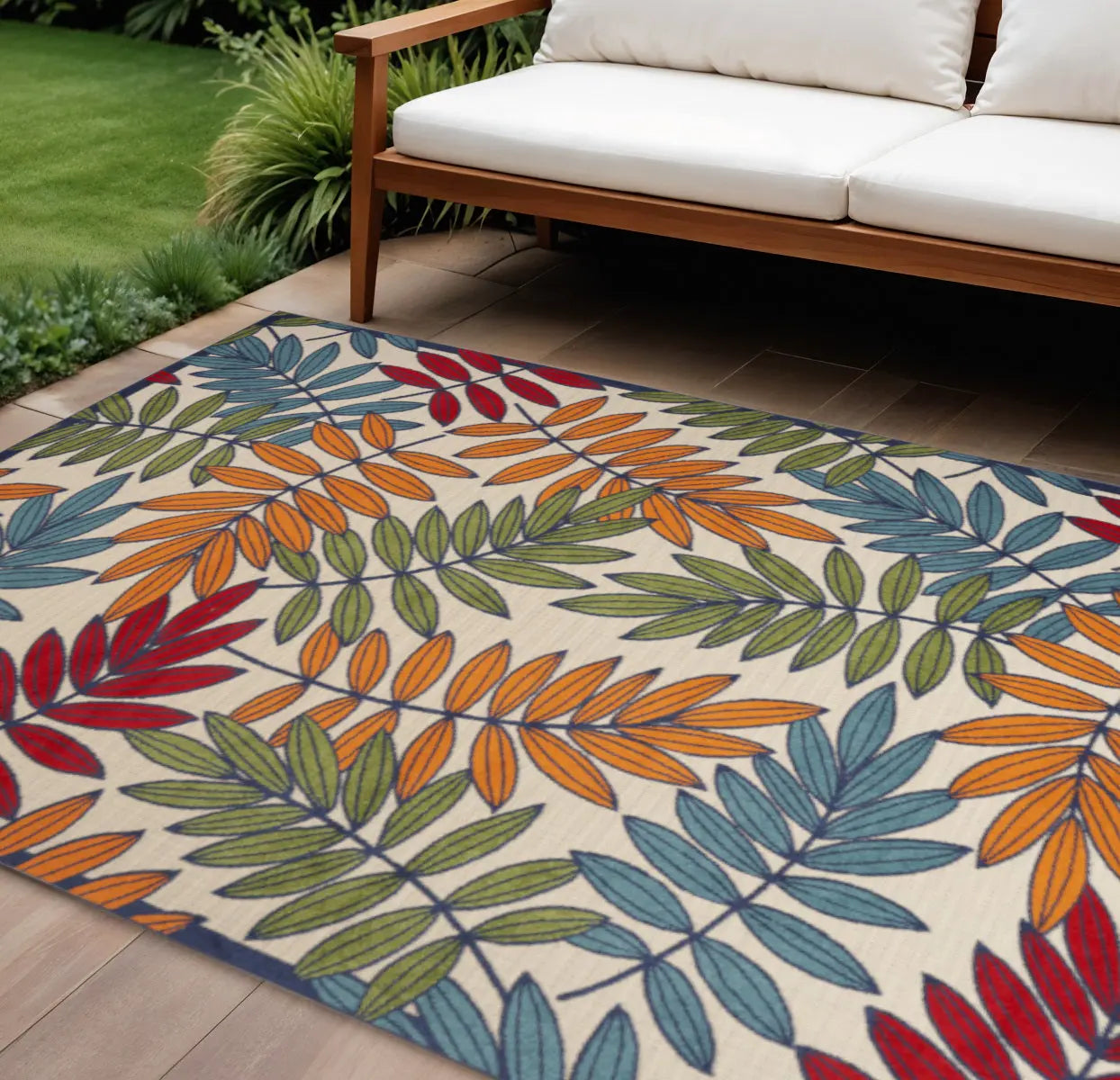 10' X 14' Ivory Yellow Orange Green And Blue Palm Leaf Indoor Outdoor Area Rug Homeroots Outdoor