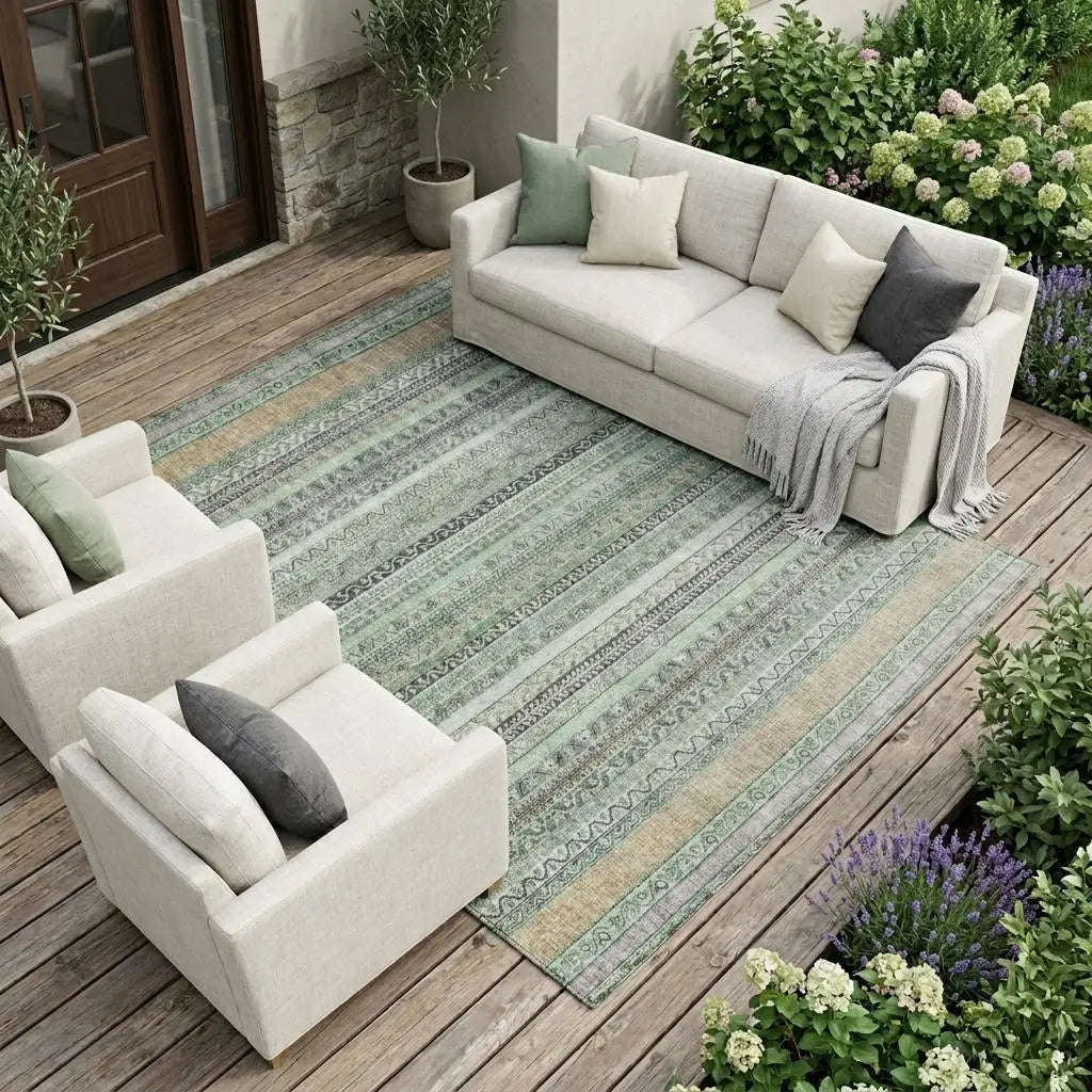 10' X 14' Mint Green And Green Striped Washable Indoor Outdoor Area Rug Homeroots Outdoor