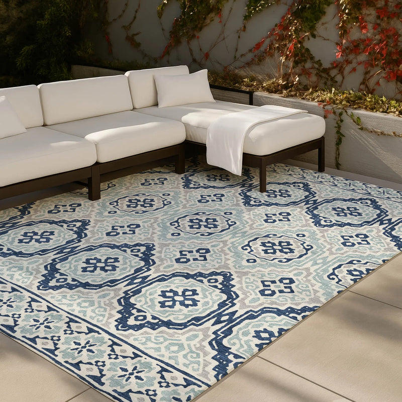 10' X 14' Navy Blue And Aqua Tribal Washable Indoor Outdoor Area Rug Homeroots Outdoor