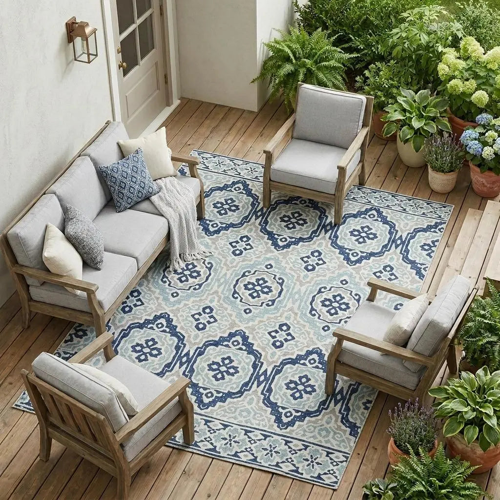 10' X 14' Navy Blue And Aqua Tribal Washable Indoor Outdoor Area Rug Homeroots Outdoor
