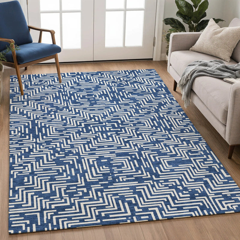10' X 14' Navy Blue And Beige Geometric Washable Indoor Outdoor Area Rug Homeroots Outdoor