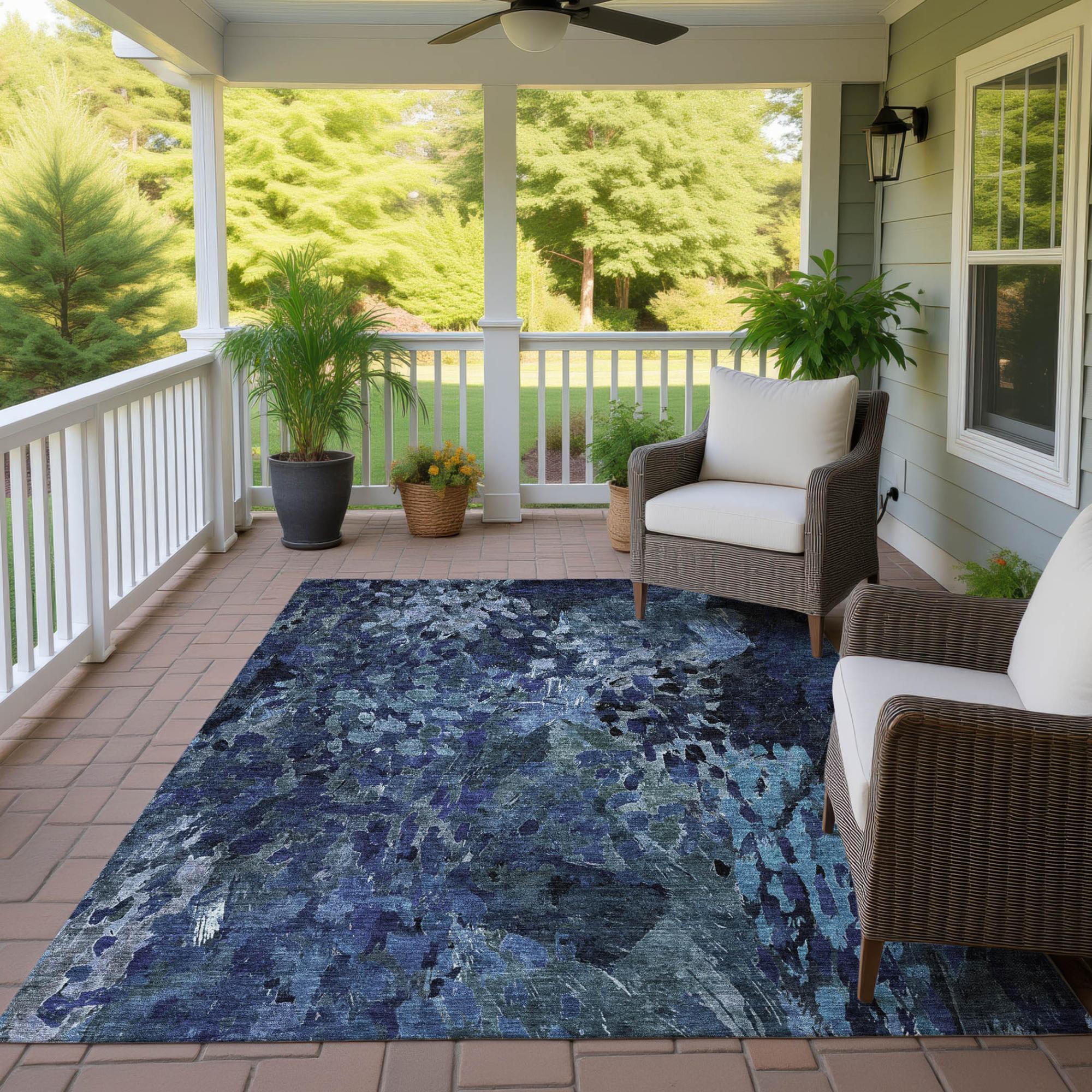 10' X 14' Navy Blue And Blue Abstract Washable Indoor Outdoor Area Rug Homeroots Outdoor