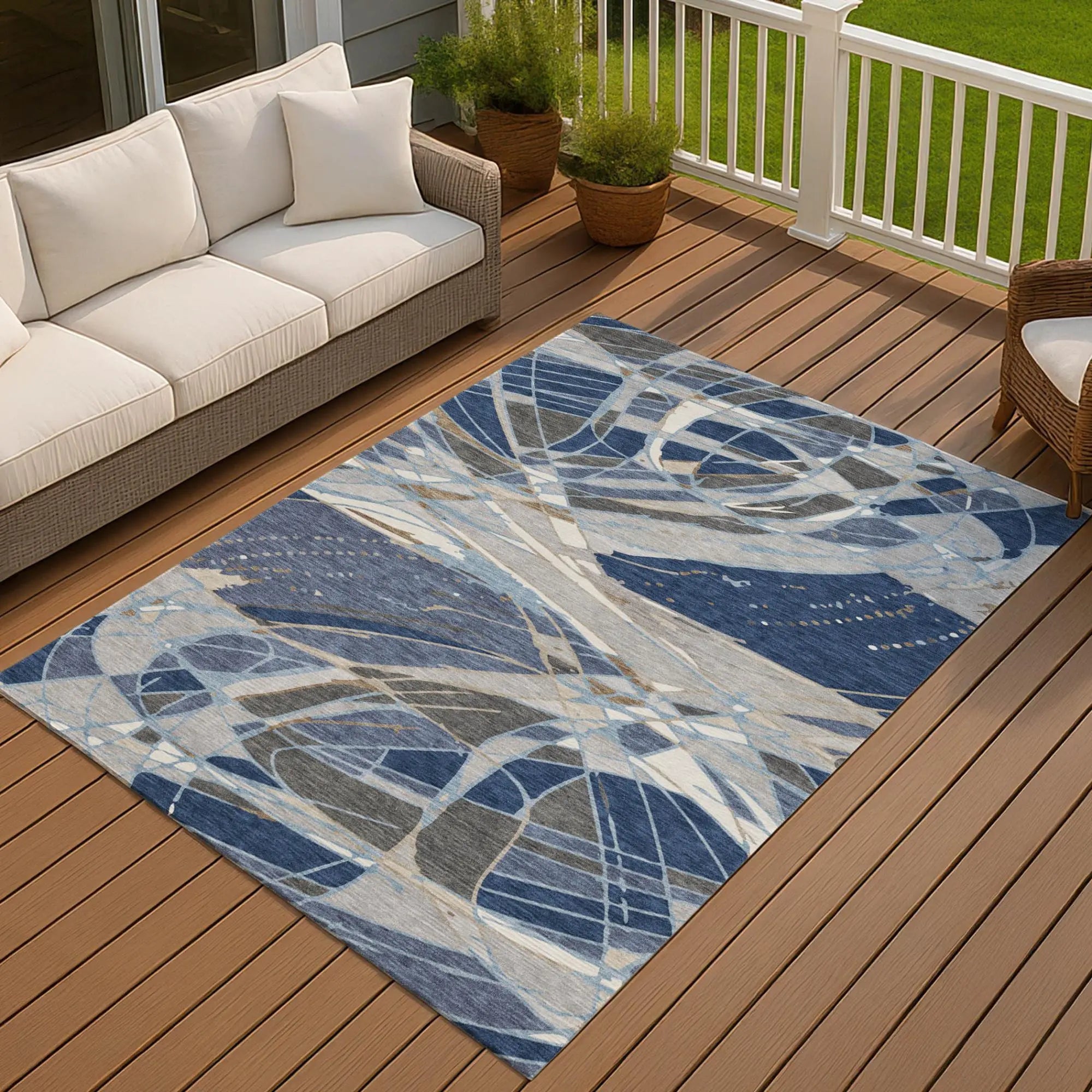 10' X 14' Navy Blue And Blue Abstract Washable Indoor Outdoor Area Rug Homeroots Outdoor