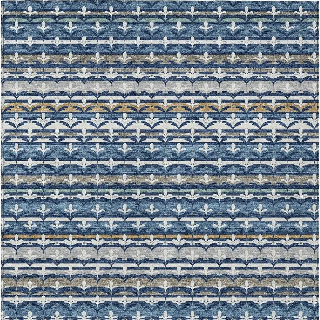 10' X 14' Navy Blue And Blue Damask Washable Indoor Outdoor Area Rug Homeroots Outdoor