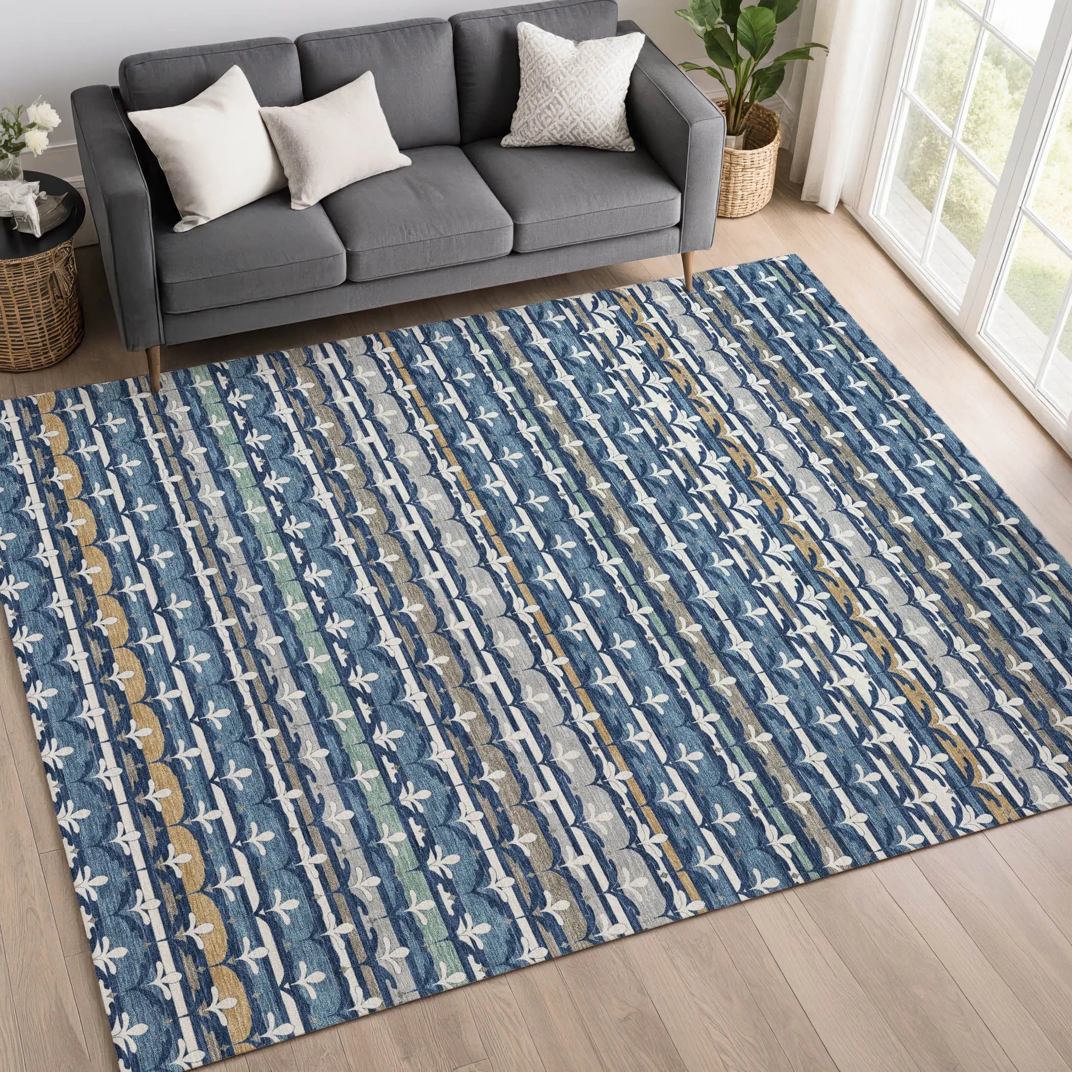 10' X 14' Navy Blue And Blue Damask Washable Indoor Outdoor Area Rug Homeroots Outdoor
