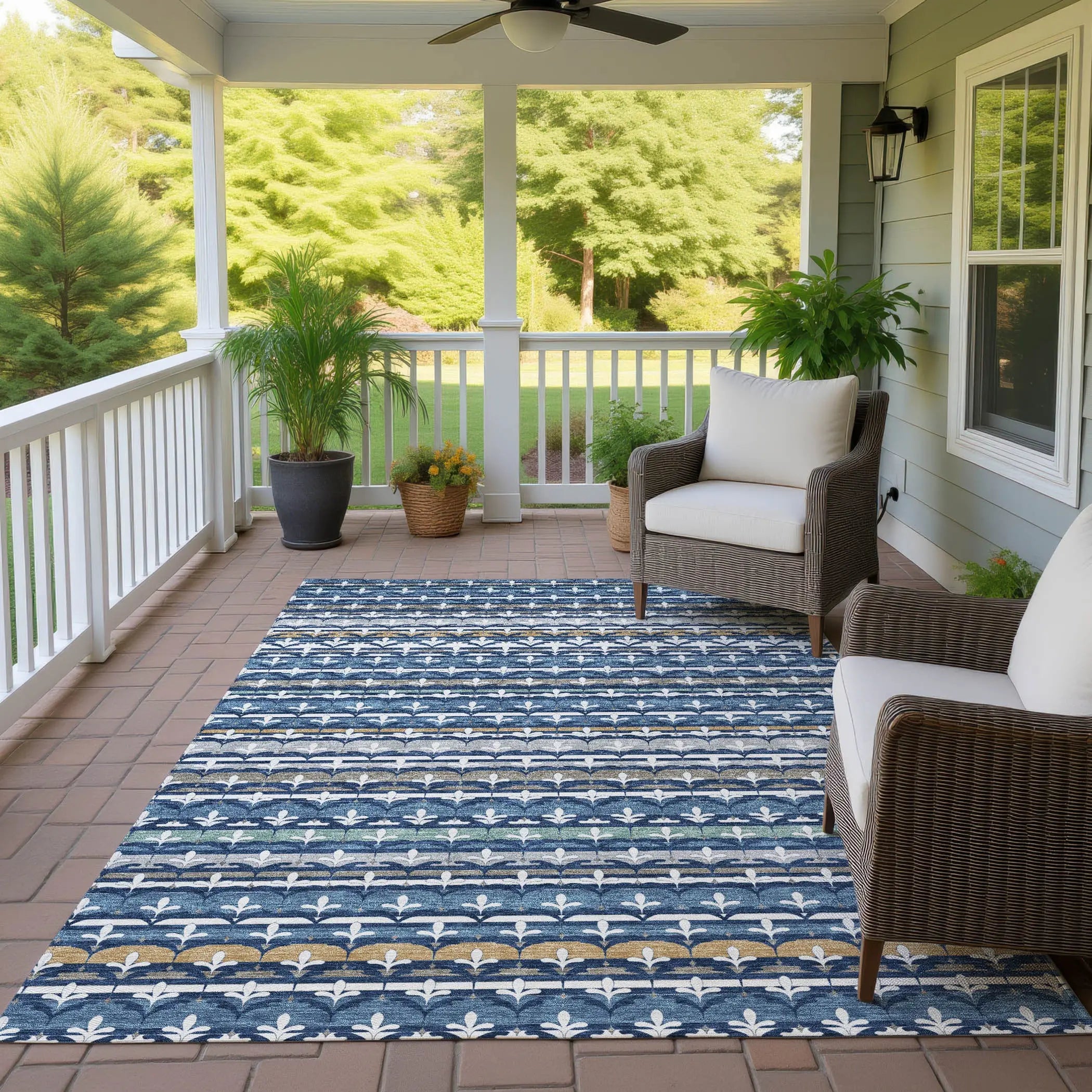 10' X 14' Navy Blue And Blue Damask Washable Indoor Outdoor Area Rug Homeroots Outdoor