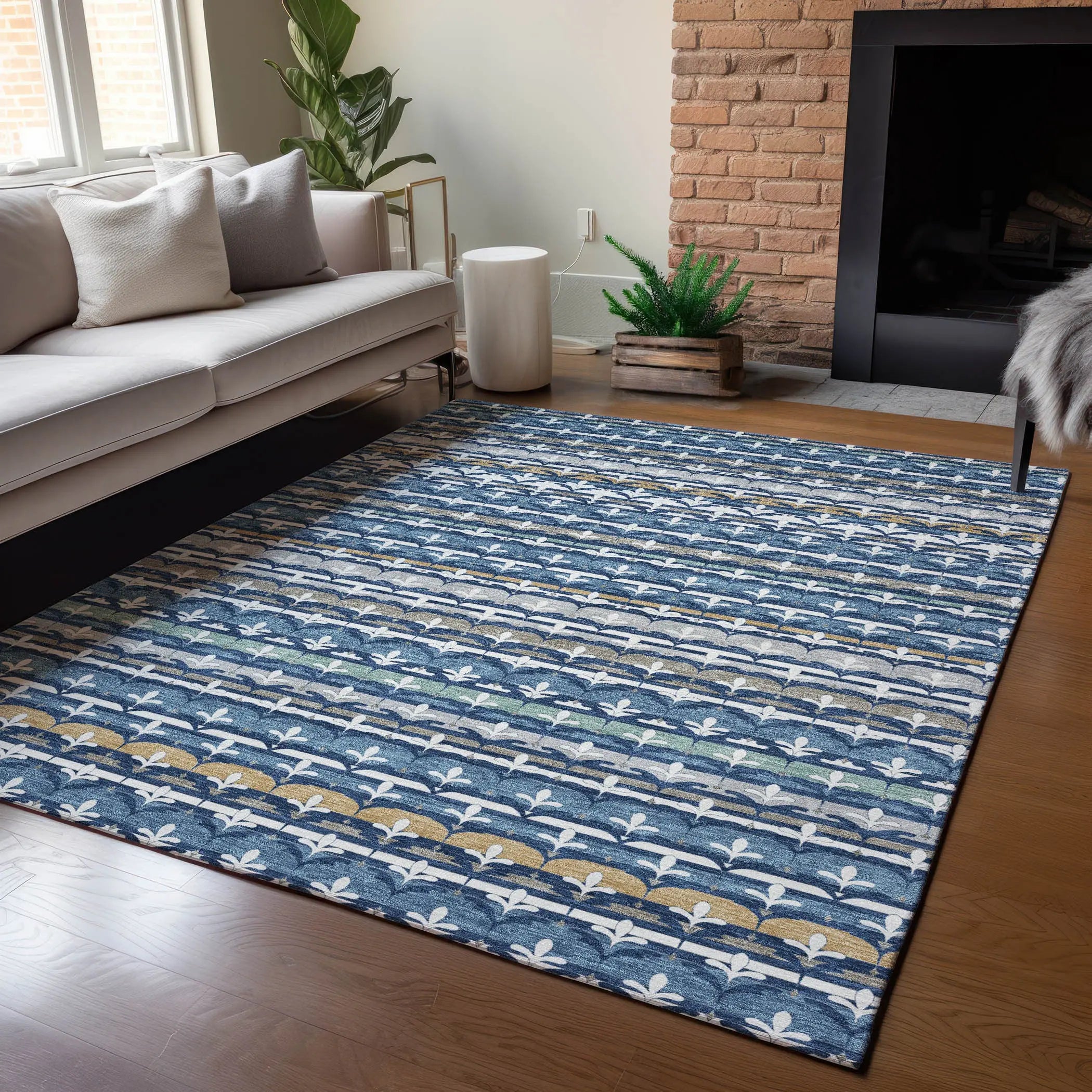 10' X 14' Navy Blue And Blue Damask Washable Indoor Outdoor Area Rug Homeroots Outdoor