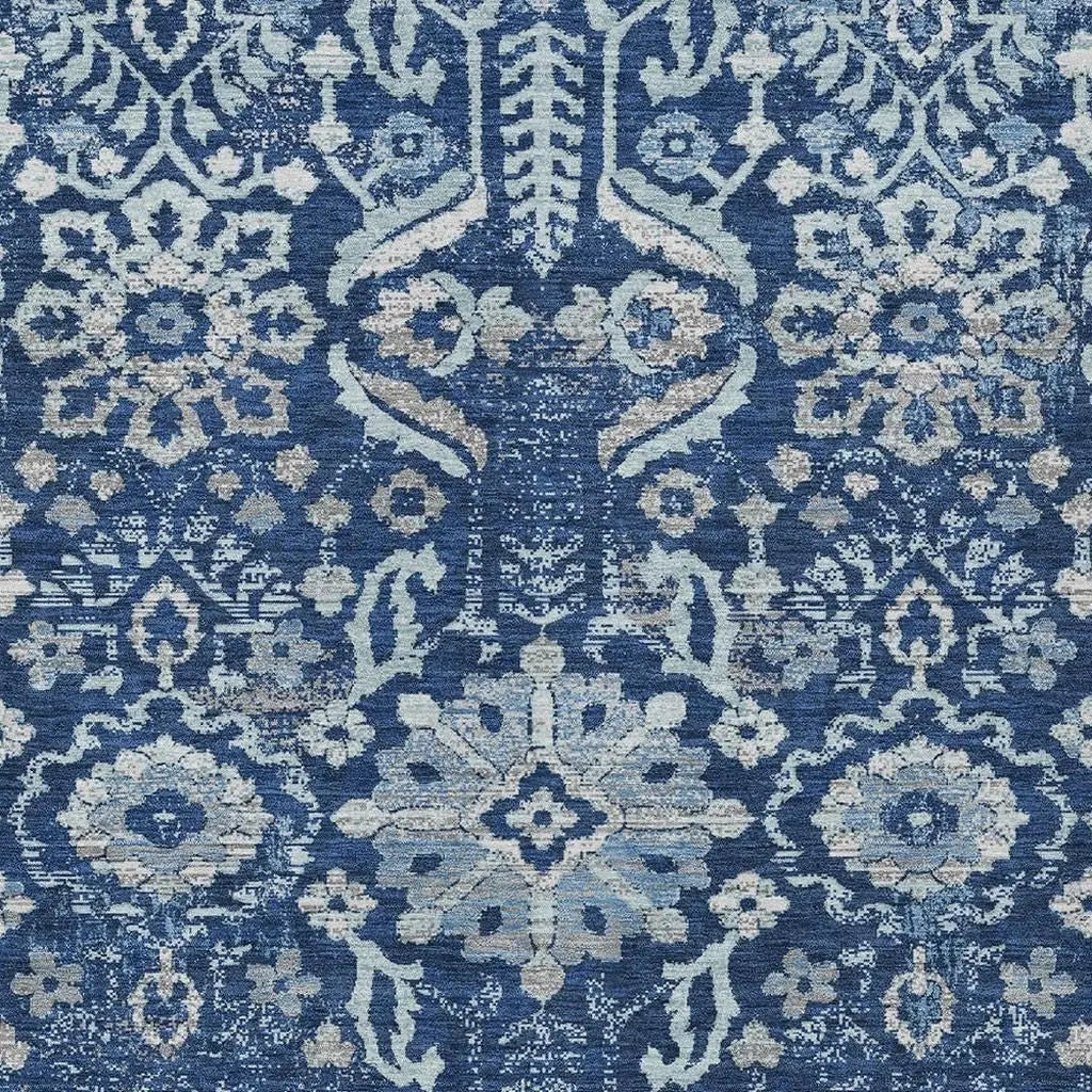 10' X 14' Navy Blue And Blue Damask Washable Indoor Outdoor Area Rug Homeroots Outdoor