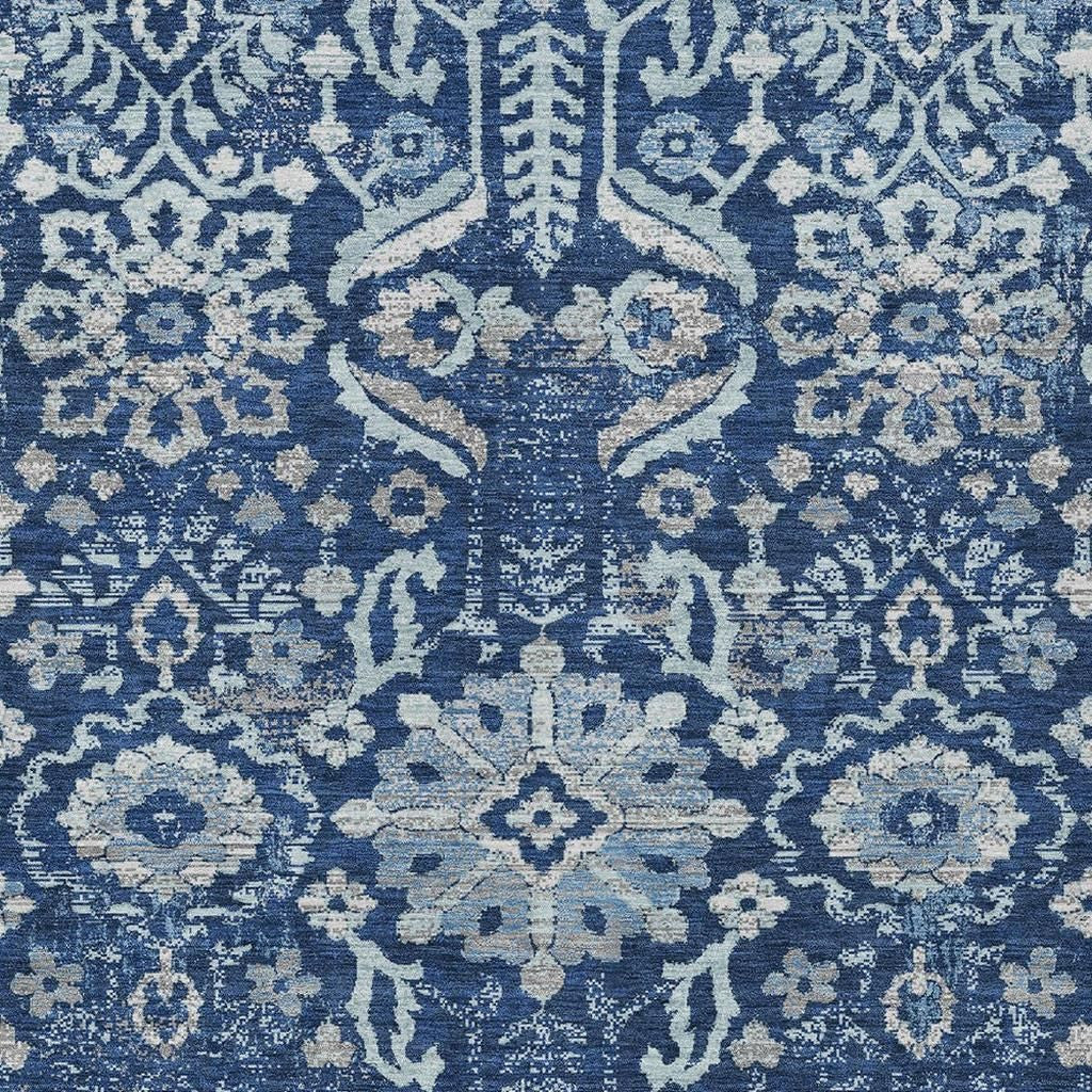 10' X 14' Navy Blue And Blue Damask Washable Indoor Outdoor Area Rug Homeroots Outdoor