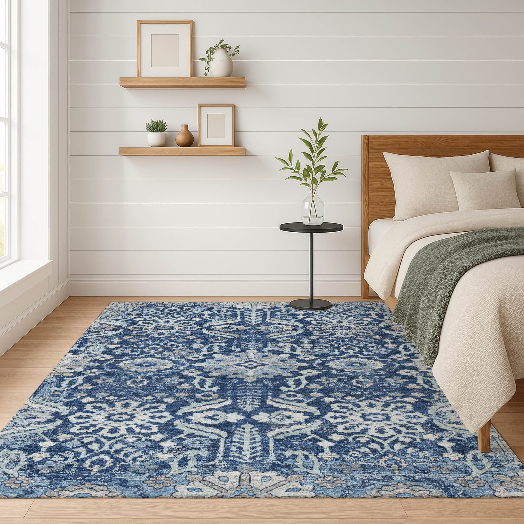 10' X 14' Navy Blue And Blue Damask Washable Indoor Outdoor Area Rug Homeroots Outdoor