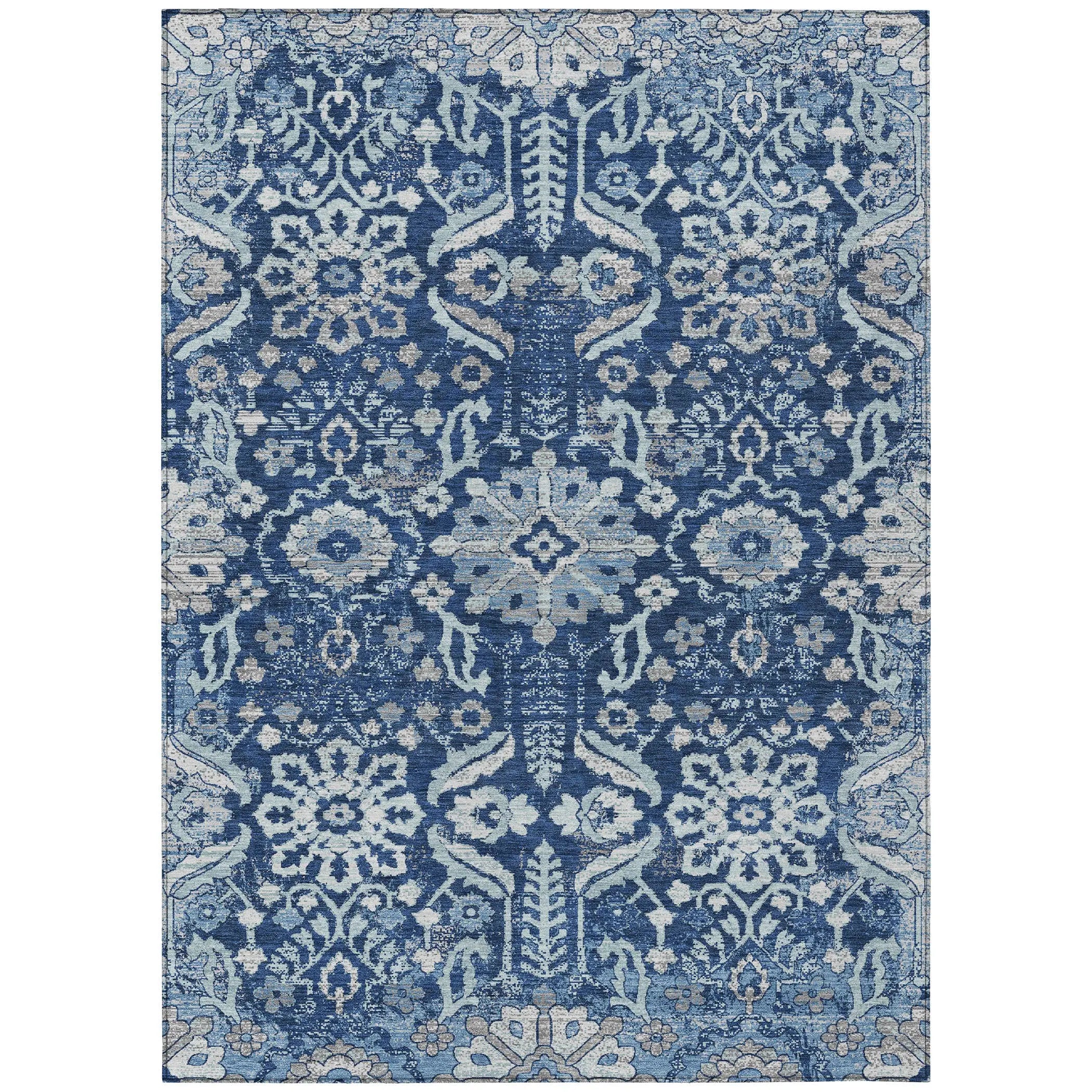 10' X 14' Navy Blue And Blue Damask Washable Indoor Outdoor Area Rug Homeroots Outdoor