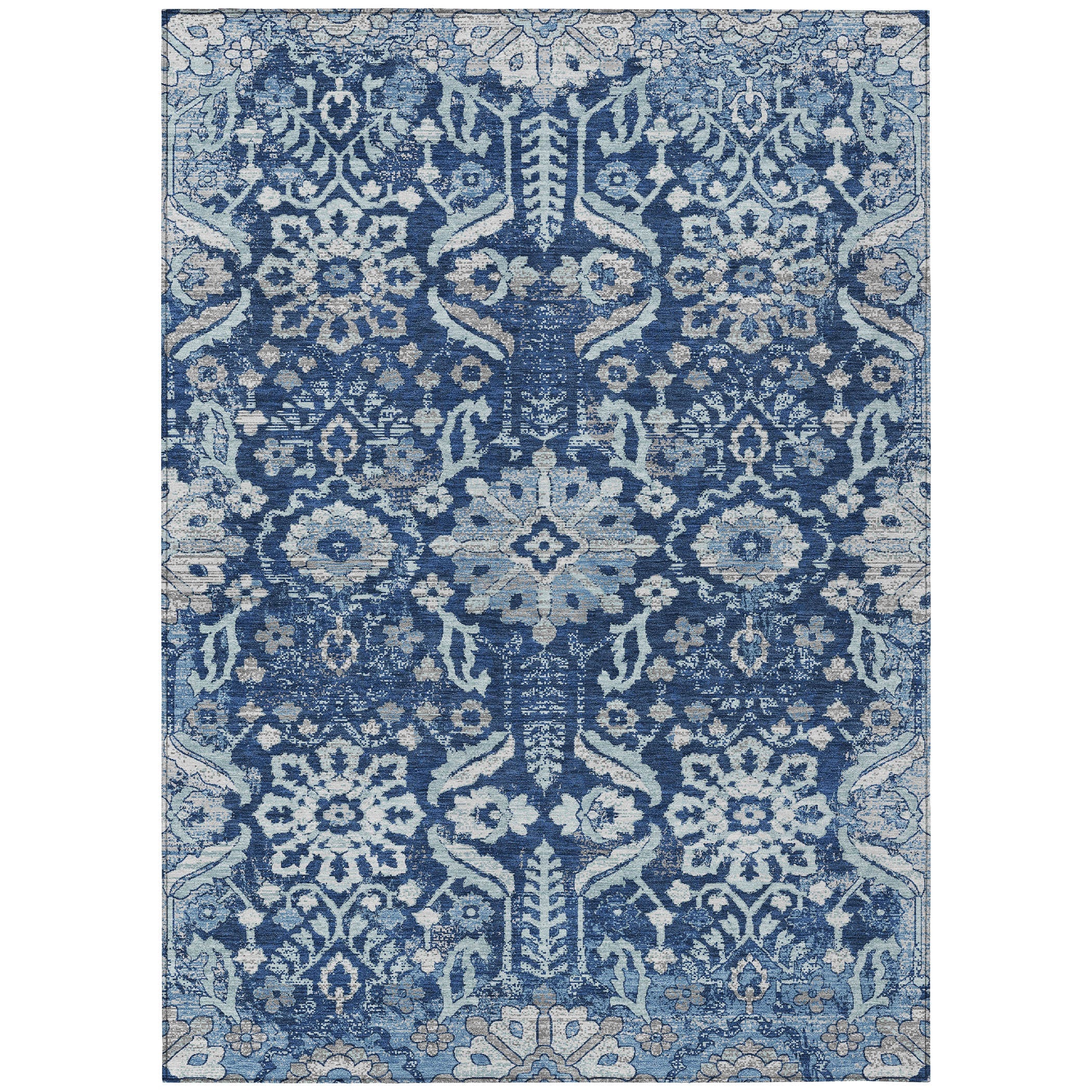 10' X 14' Navy Blue And Blue Damask Washable Indoor Outdoor Area Rug Homeroots Outdoor