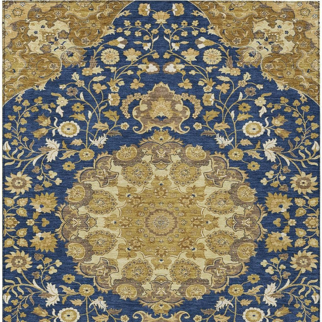 10' X 14' Navy Blue And Blue Damask Washable Indoor Outdoor Area Rug Homeroots Outdoor
