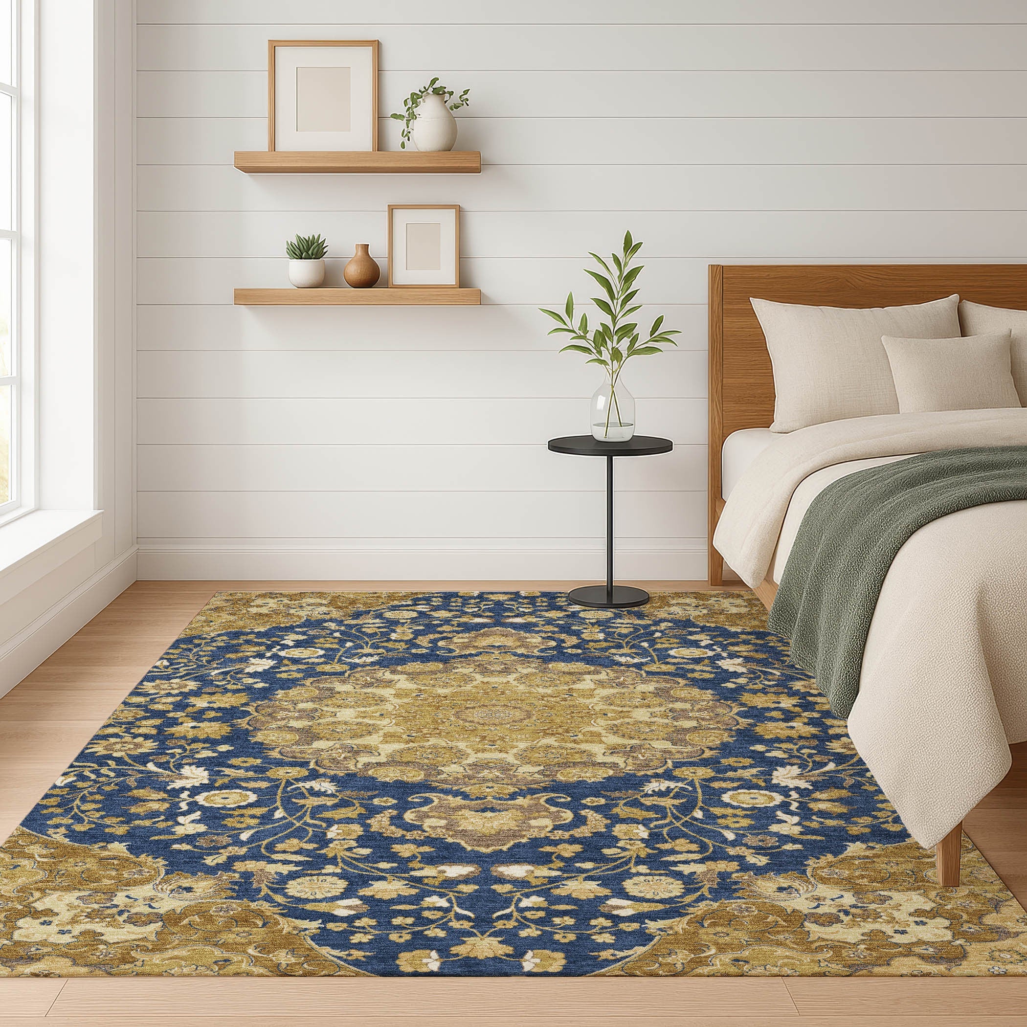 10' X 14' Navy Blue And Blue Damask Washable Indoor Outdoor Area Rug Homeroots Outdoor