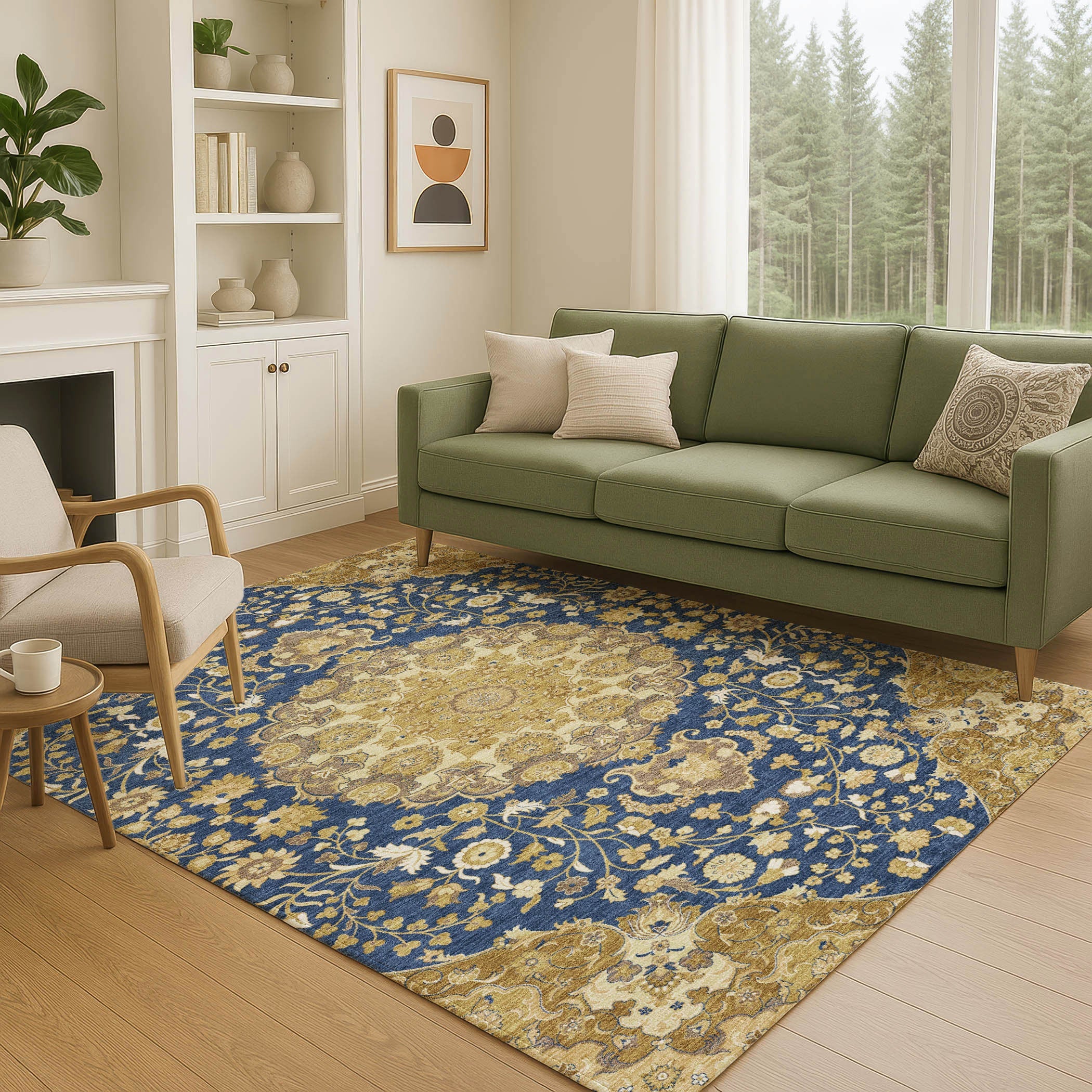 10' X 14' Navy Blue And Blue Damask Washable Indoor Outdoor Area Rug Homeroots Outdoor