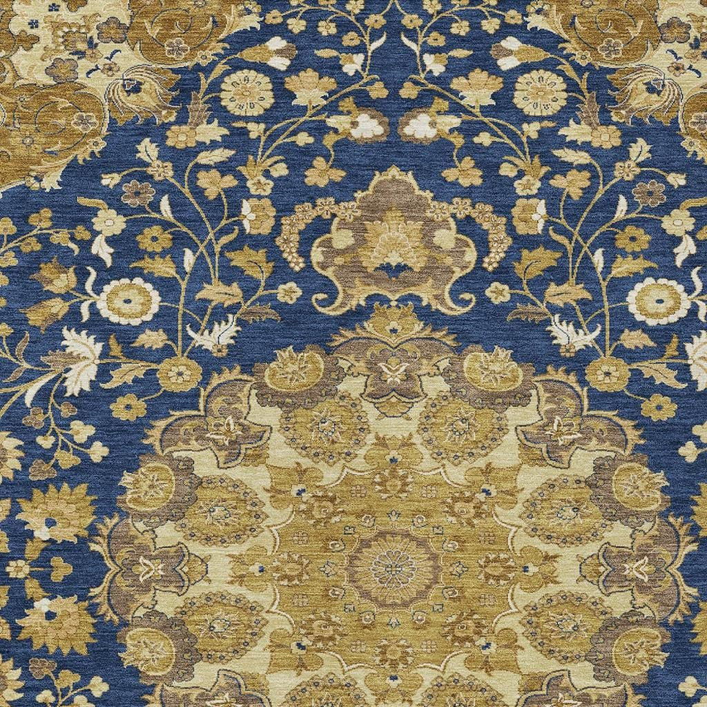 10' X 14' Navy Blue And Blue Damask Washable Indoor Outdoor Area Rug Homeroots Outdoor