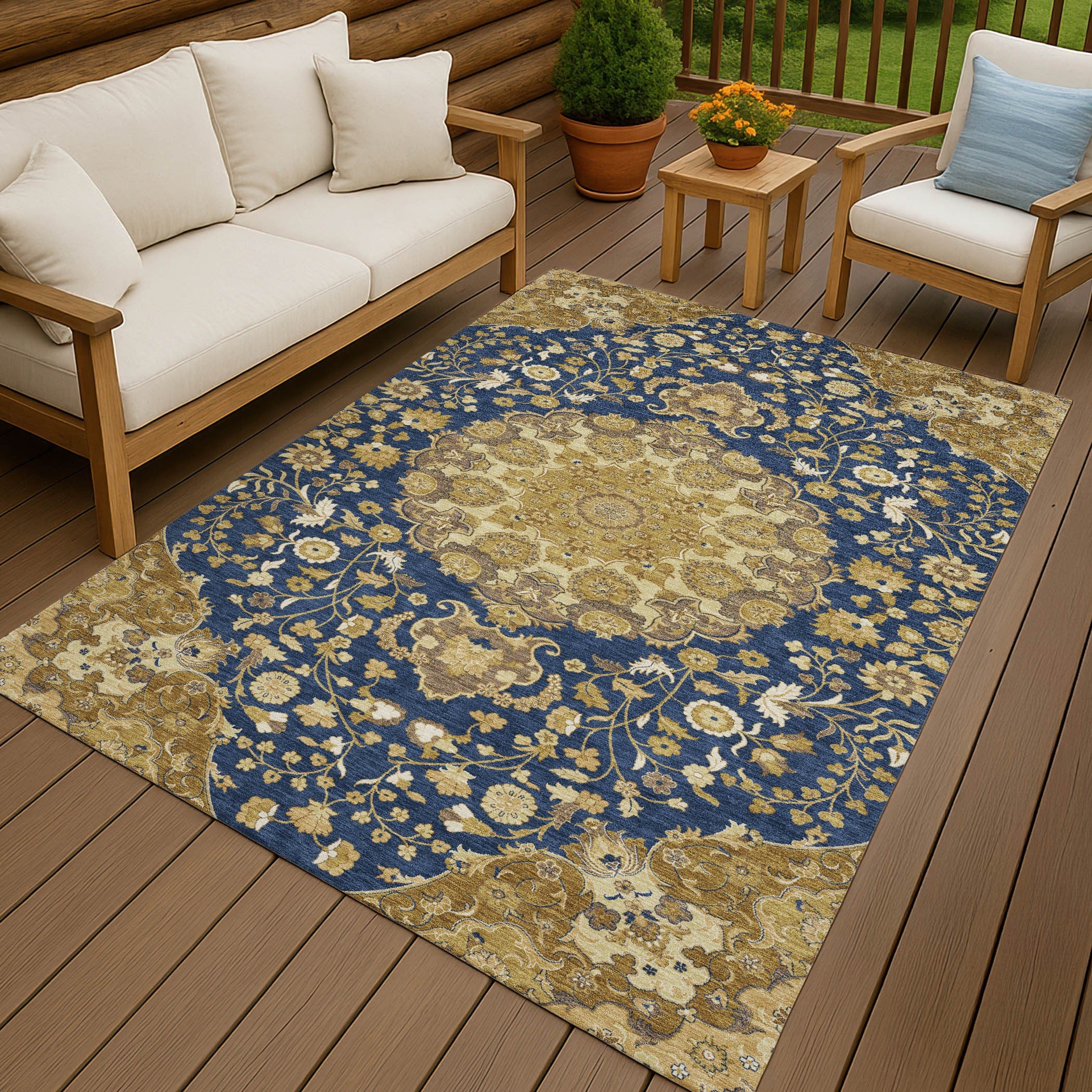 10' X 14' Navy Blue And Blue Damask Washable Indoor Outdoor Area Rug Homeroots Outdoor