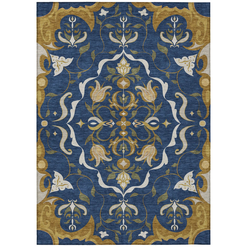 10' X 14' Navy Blue And Blue Damask Washable Indoor Outdoor Area Rug Homeroots Outdoor