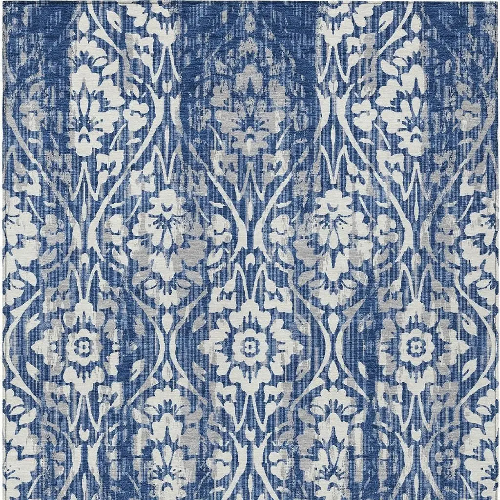 10' X 14' Navy Blue And Blue Damask Washable Indoor Outdoor Area Rug Homeroots Outdoor