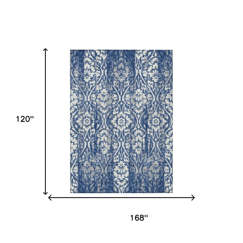 10' X 14' Navy Blue And Blue Damask Washable Indoor Outdoor Area Rug Homeroots Outdoor