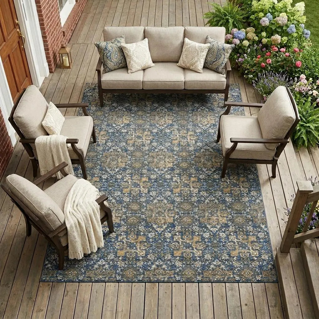 10' X 14' Navy Blue And Blue Damask Washable Indoor Outdoor Area Rug Homeroots Outdoor