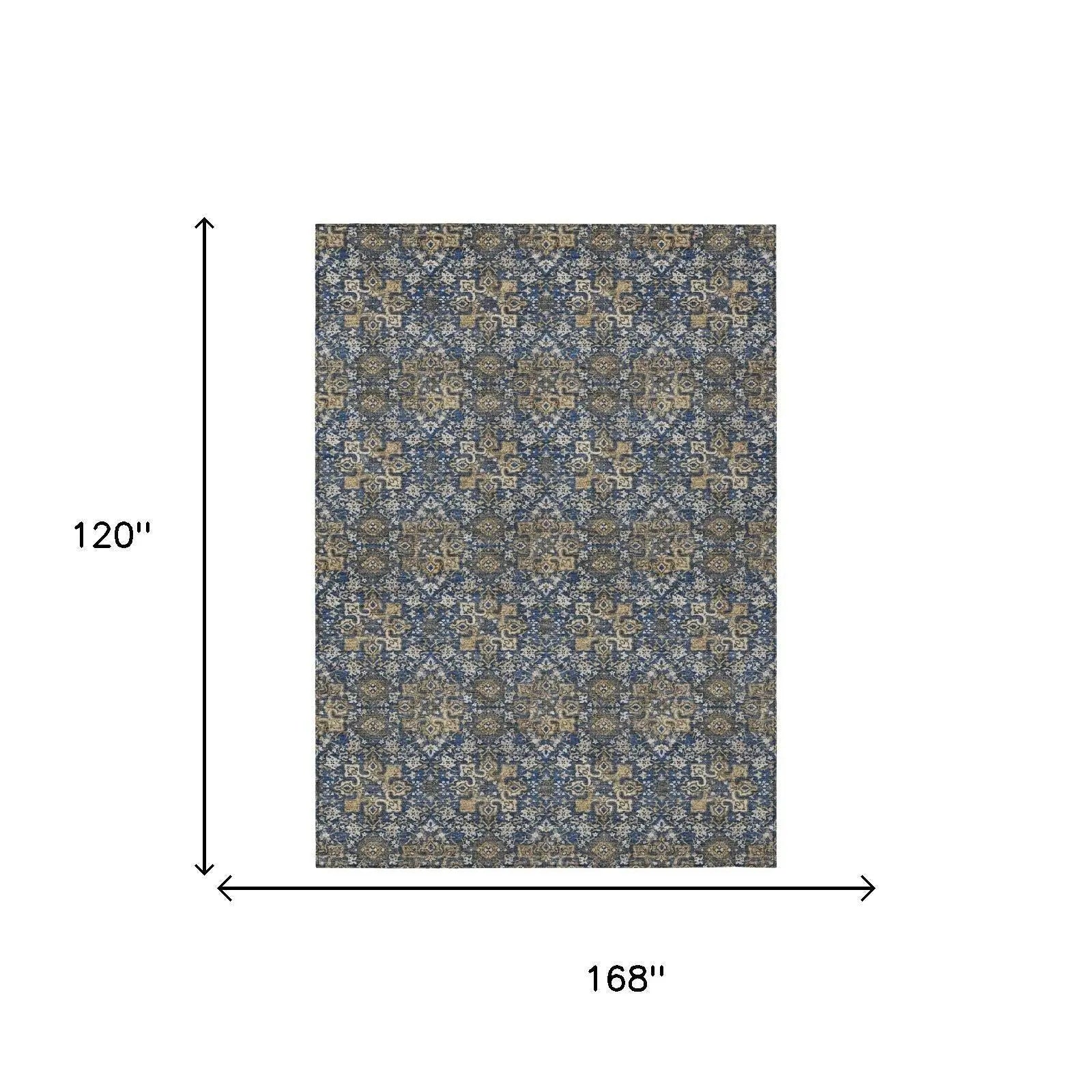 10' X 14' Navy Blue And Blue Damask Washable Indoor Outdoor Area Rug Homeroots Outdoor