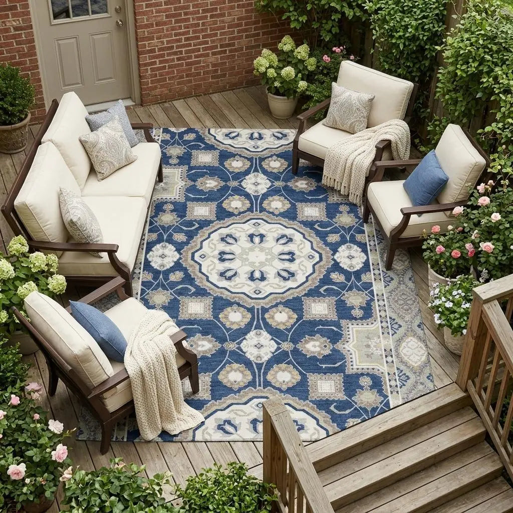 10' X 14' Navy Blue And Blue Floral Medallion Washable Indoor Outdoor Area Rug Homeroots Outdoor