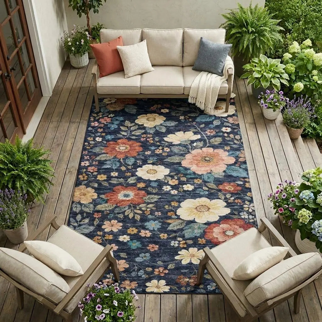10' X 14' Navy Blue And Blue Floral Washable Indoor Outdoor Area Rug Homeroots Outdoor
